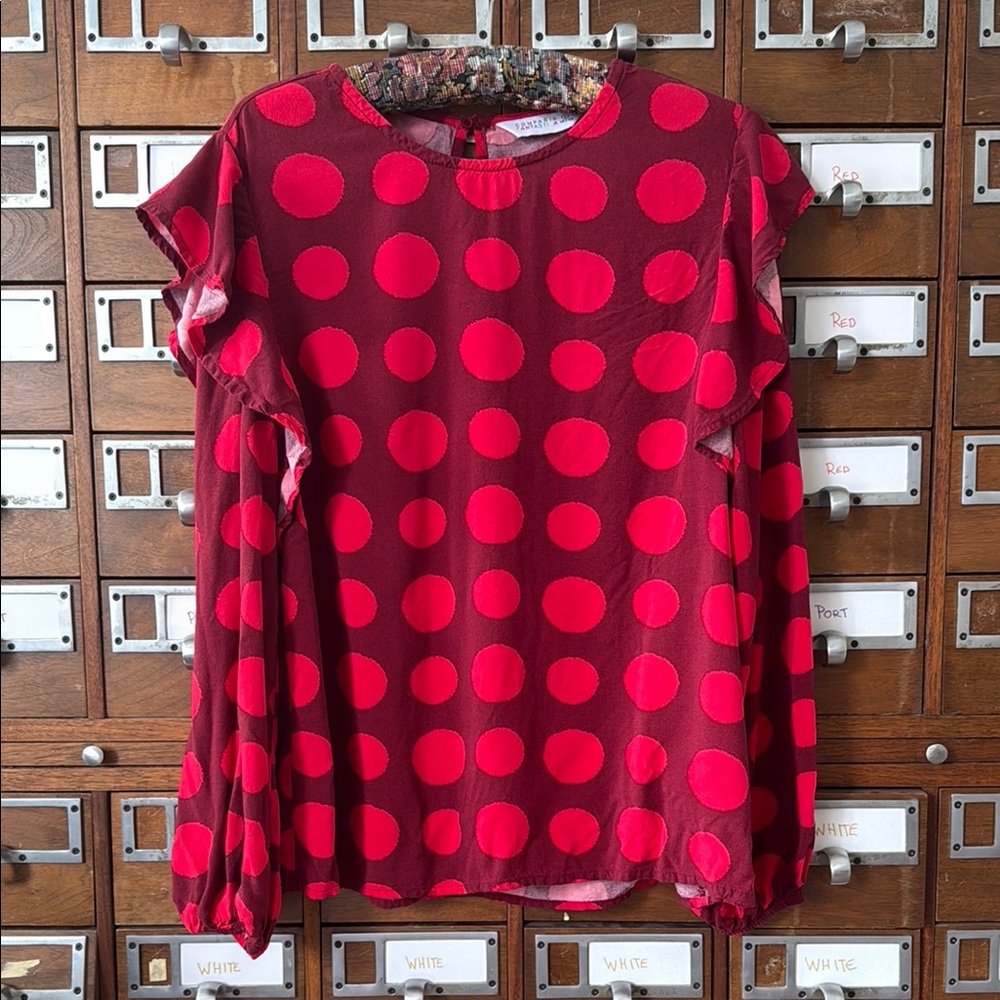 Compania Fantastica Red Polka Dot Ruffle Detail Blouse Size Small